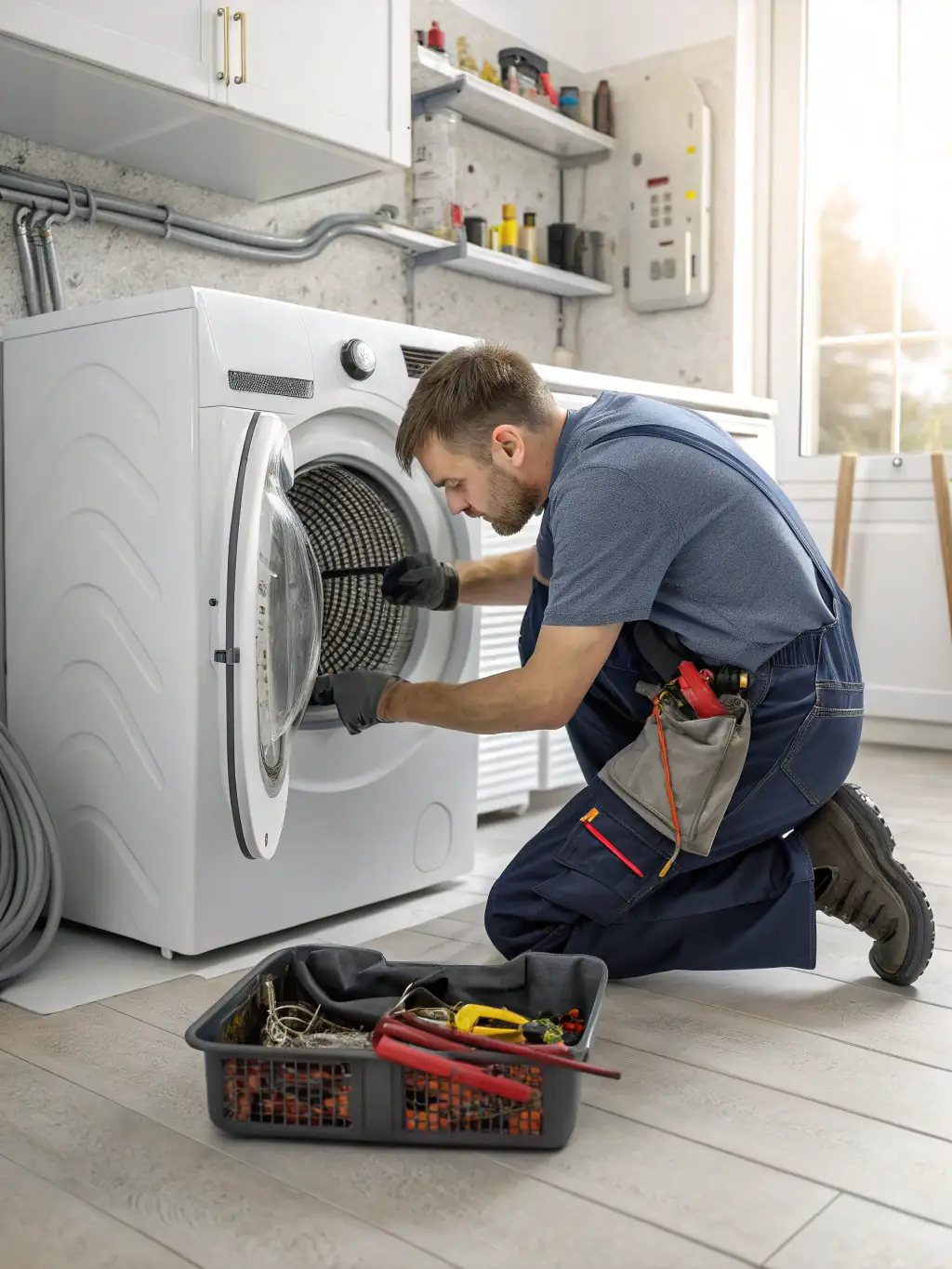 A technician carefully inspecting a dryer, with emphasis on the heating element and ventilation system, in a residential laundry setting.