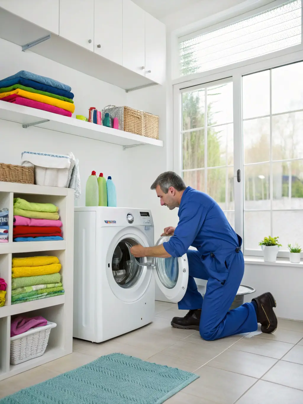 A skilled technician working on a washing machine, with focus on the internal components and wiring, in a clean laundry room.