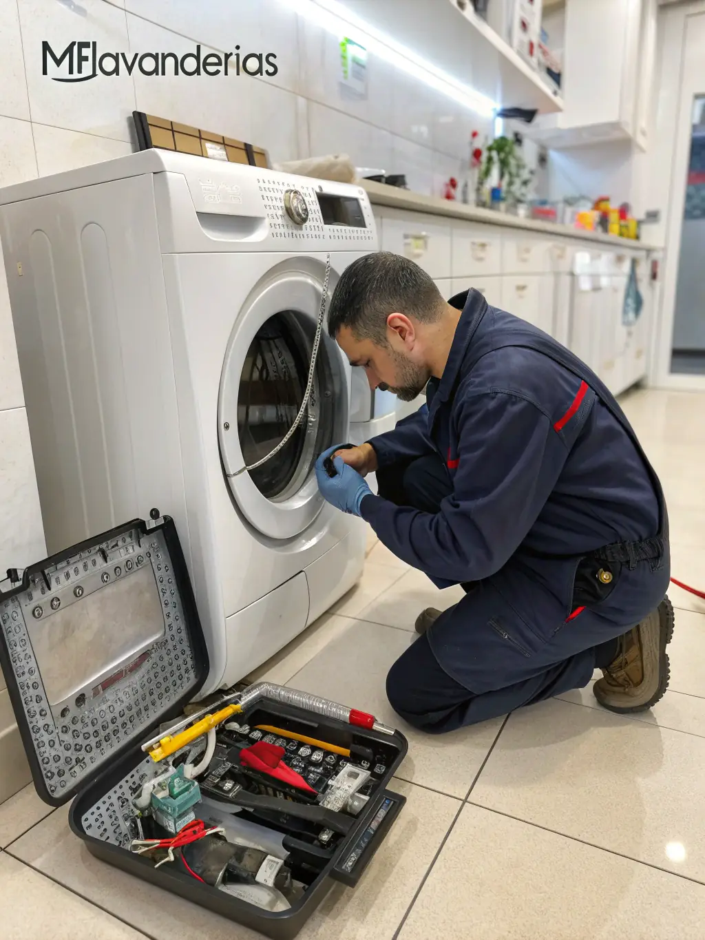 A skilled technician is shown working on a washing machine, with tools and diagnostic equipment visible. The setting is a clean and organized laundry room.