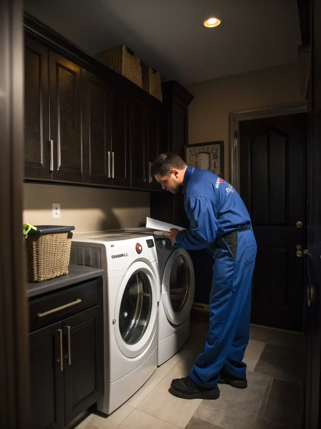 A technician is shown repairing a dryer, with a focus on the heating element and other internal components. The setting is a typical home laundry area.