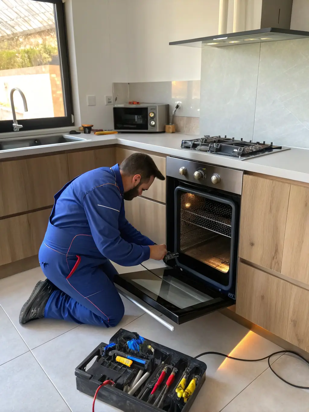 A technician repairing an electric oven, with focus on the control panel and heating elements, in a contemporary kitchen environment.