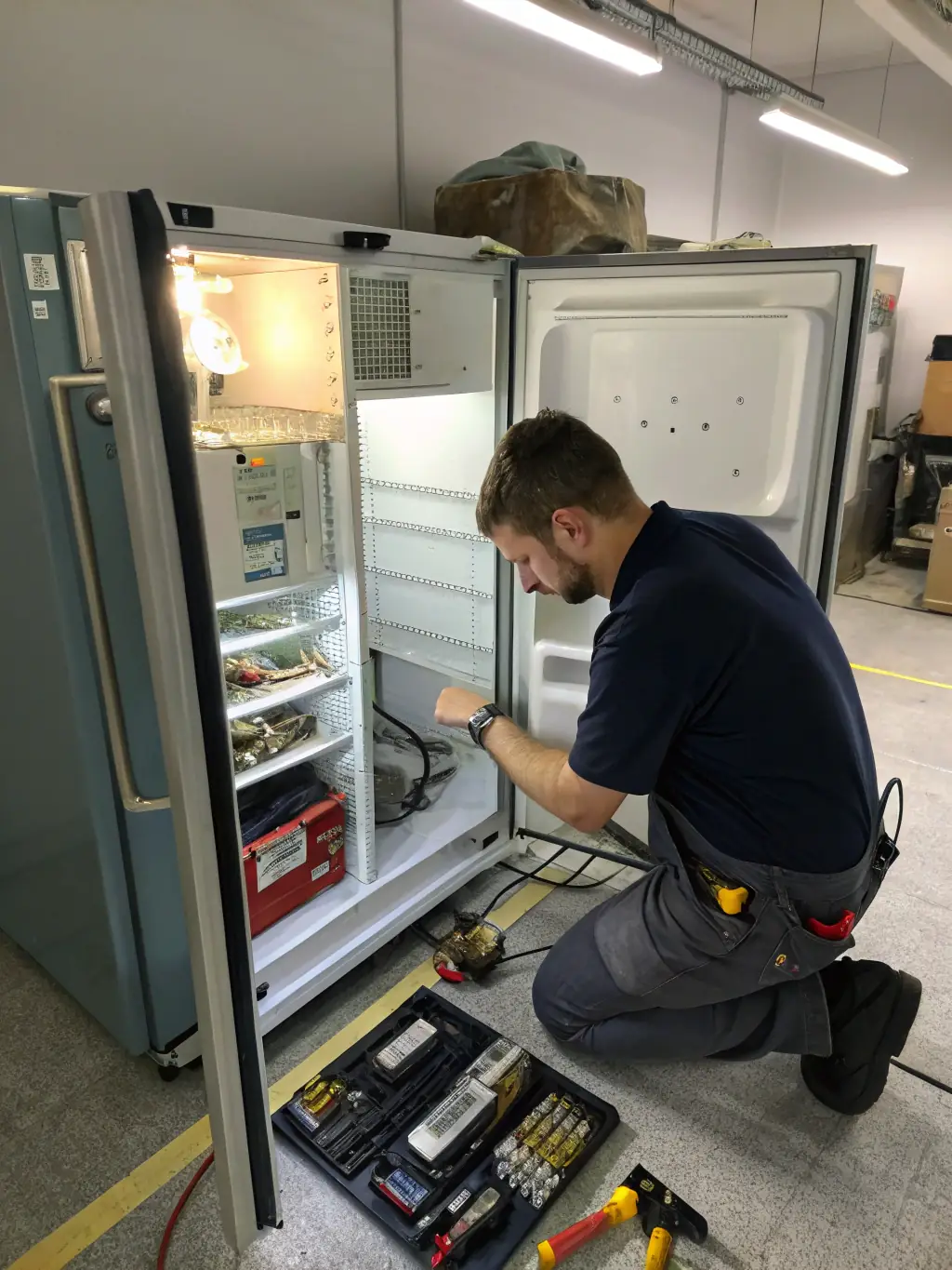 A professional technician repairing a modern stainless steel refrigerator in a well-lit kitchen, with tools and diagnostic equipment visible.