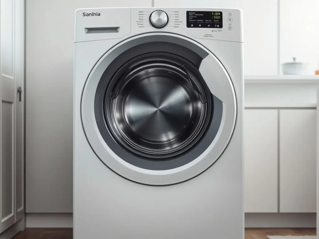 A front-load washing machine with clean clothes being loaded, highlighting the convenience of laundry services and the necessity of washing machine repair.