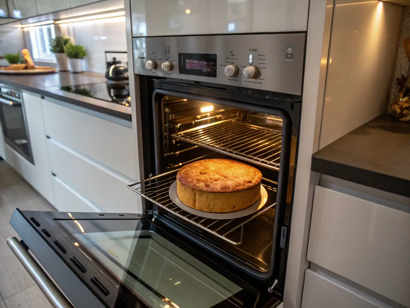 A modern oven with a freshly baked pie inside, emphasizing the importance of oven and stove repair for home cooking and meal preparation.